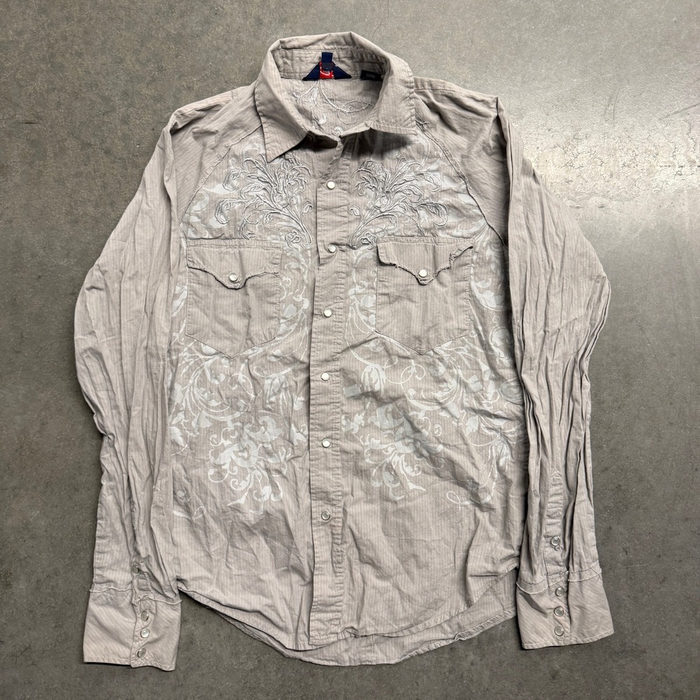 Roper Mens Tan Floral Embroidered Western Pearl Snap Shirt Long Sleeve Medium
